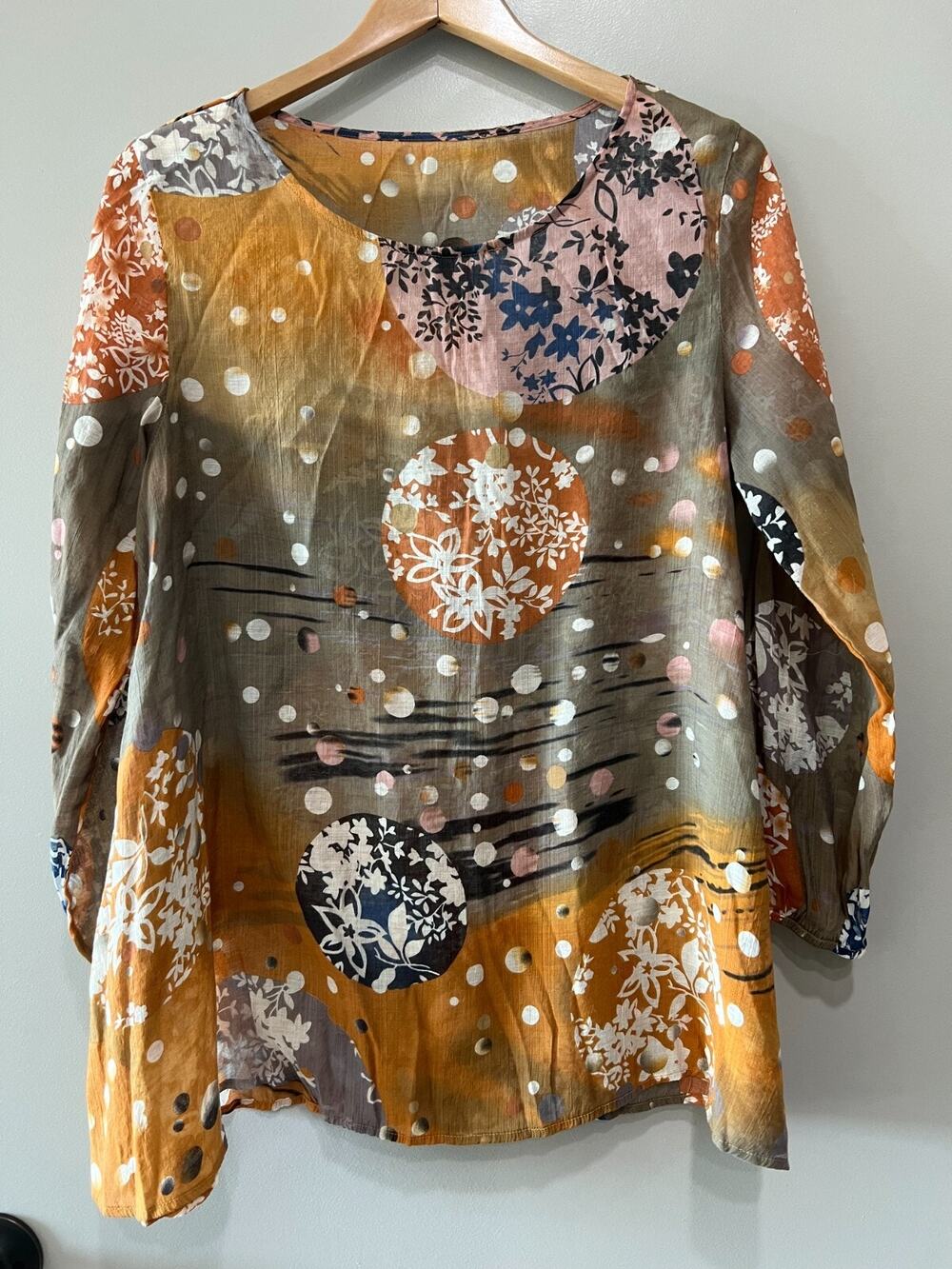 Boho Abstract Circle artsy floral Tunic Top lagenlook Flare cotton Sz-L